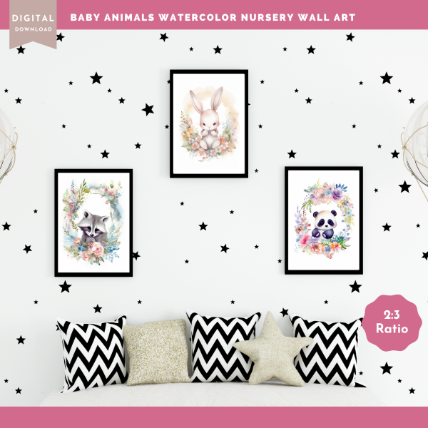 Printable Nursery WALL ART, Baby Animal Wall Art,Set of 3 Wall Art, Digital Wall Art Printable, Raccoon Art, Panda Bear Art, Bunny Art, Baby Art - Image 8