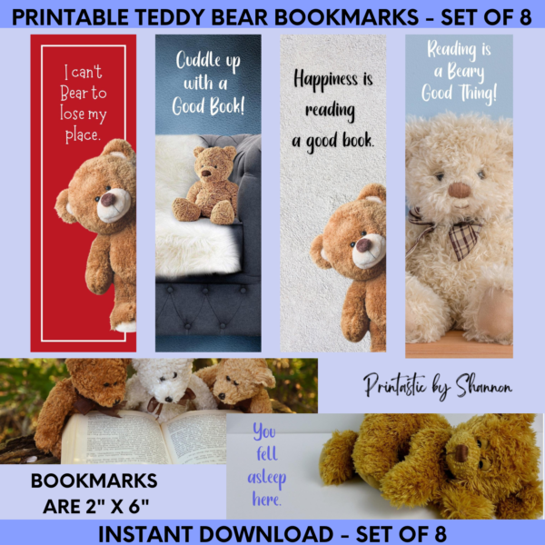 Teddy Bear Bookmarks, Set of 8, Printable