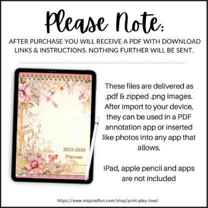 Ultimate 17-Month Dated and Hyperlinked Digital Planner 2023-2024; Pink and Gold Floral with Antique Scrolls - Image 5