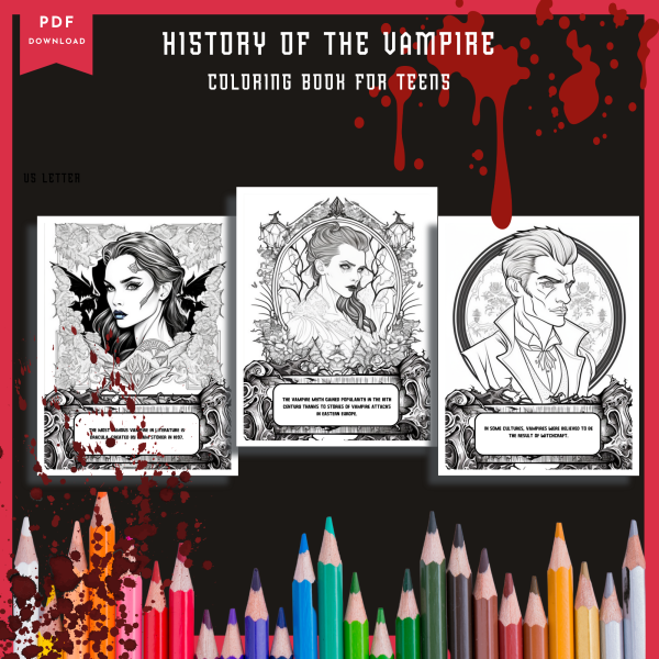 History of the Vampire, Vampire Coloring Book, Coloring Bundle, Vampire Coloring Pages, for Teens, 30 Pages, Letter, Mythology of Vampires - Image 2