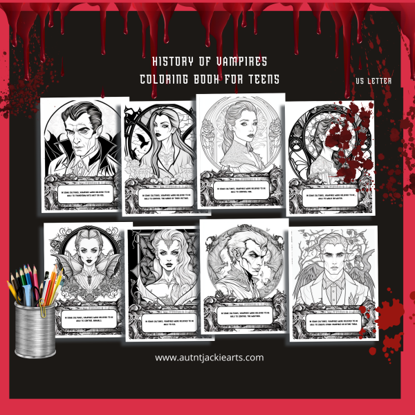 History of the Vampire, Vampire Coloring Book, Coloring Bundle, Vampire Coloring Pages, for Teens, 30 Pages, Letter, Mythology of Vampires - Image 6