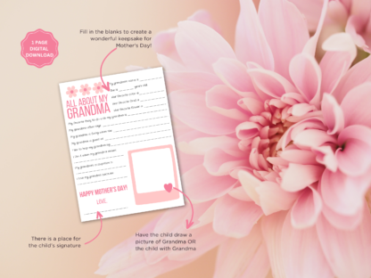 All About Grandma Questionnaire Pink, Mother's Day Printable Gift for Grandmother - Image 3