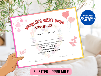 World's Best Mom Certificate for Mother's Day or Mom's Birthday