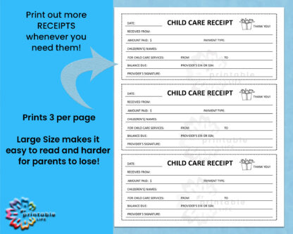 Child Care Receipt Form Daycare Printable, Childcare Payments, Instant Download, Digital File, Fillable and Print Then Write - Image 3