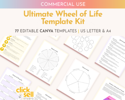 Wheel of Life Editable Canva Template Kit | Commercial Use | PLR Fully Customisable Life Wheel worksheets for coaches and resellers