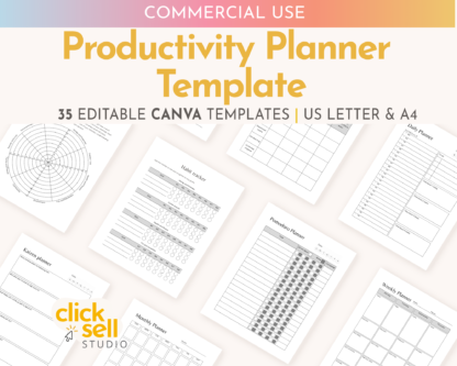 Productivity Planner Editable Canva Template | Commercial Use | Instant digital download | Fully customisable daily weekly monthly planners