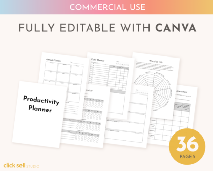 Productivity Planner Editable Canva Template | Commercial Use | Instant digital download | Fully customisable daily weekly monthly planners - Image 5