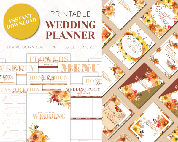 Autumn Red and Fall Green Wedding Planner Printable, Wedding Binder Printable, Wedding Planner Organizer, Wedding Planning Book, Printable Wedding planner Kit