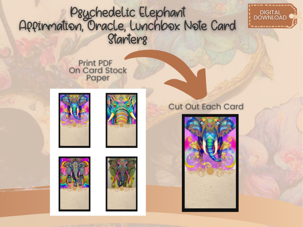 Psychedelic Elephant Affirmation, Oracle, Lunchbox Notes Card Template, 48 Cards, PNG, PDF - Image 5