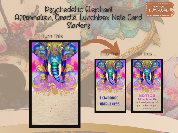 Psychedelic Elephant Affirmation, Oracle, Lunchbox Notes Card Template, 48 Cards, PNG, PDF - Image 6