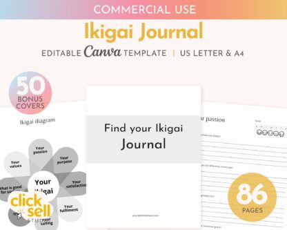 Find your ikigai journal editable Canva template | COMMERCIAL USE | A4/US letter sizes | done for you customisable guided journal