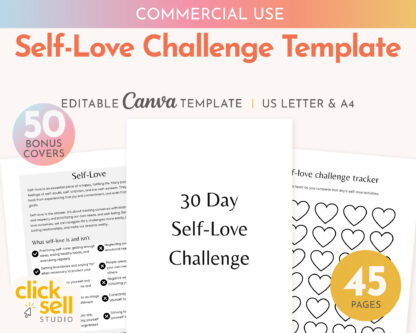 Self Love Challenge Editable Canva Template | Commercial Use | Instant digital download | 30 day self love challenge planner